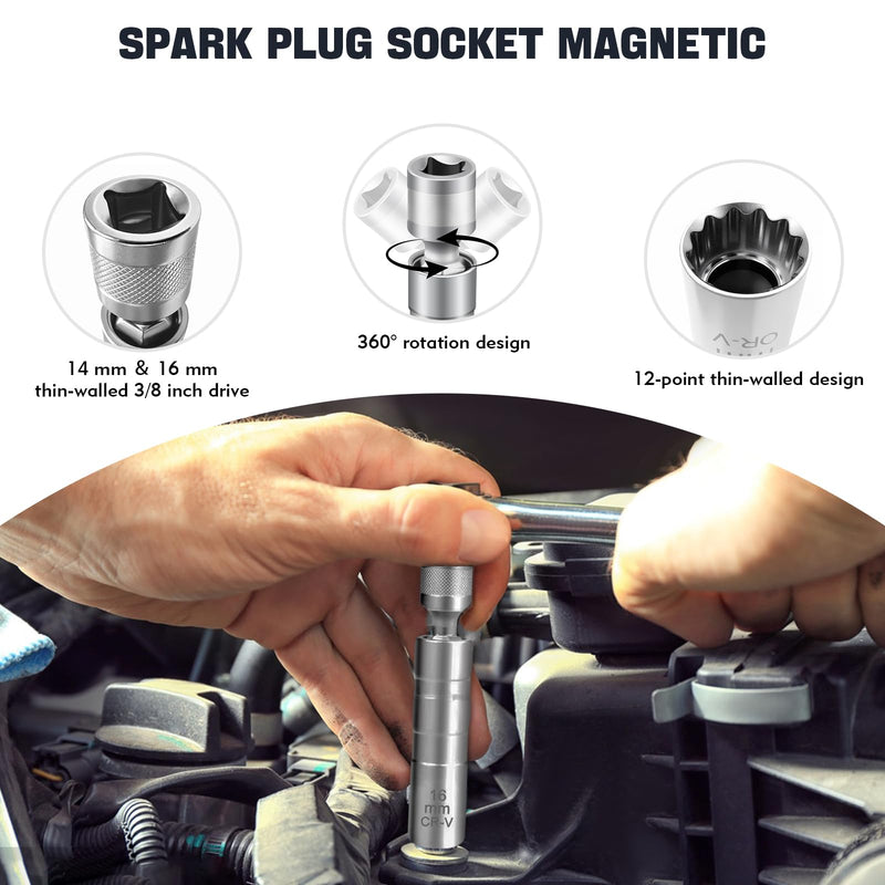14mm&16mm Spark Plug Socket, 5/8 Spark Plug Socket Swivel for Maximum Flexibility, Thin Wall 12 Point Spark Plug Socket Set with Magnetic Design for Most Car Models