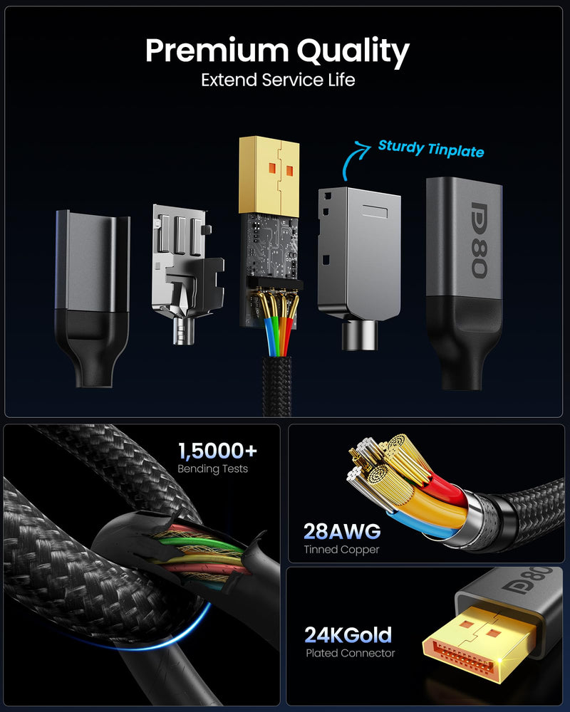 Silkland 80Gbps DisplayPort Cable 2.1 10FT/3M, [16K@60Hz, 8K@240Hz, 4K@540Hz 360Hz 240Hz] DP 2.1 Cable 16K, DP80 HDR DSC Display Port Cord Compatible DP 1.4 FreeSync G-Sync Gaming Monitor 5090 9070XT 10 Feet Grey