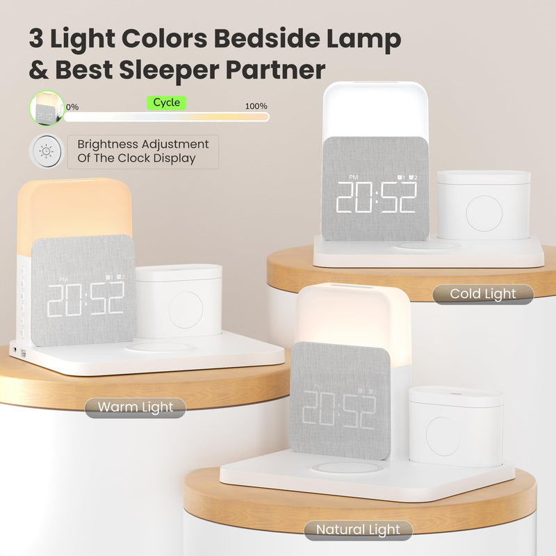 Alarm Clock Charging Station for Bedrooms, 7 in 1 Wireless Charging Station, Magnetic Charger with Night Light Bedside Clock for iPhone 17 16 15 14 13 12 Pro Max, Apple Watch, AirPods (White) White