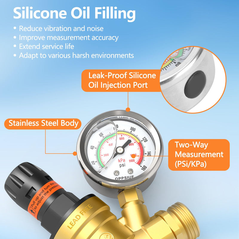 RV Water Pressure Regulator, Handle Adjustable Knob No Tool Required Pressure Regulator,Brass Lead-Free Water Pressure Reducer with Gauge for RV Camper Travel Trailer,Suitable for NH Thread stainless steel gauge