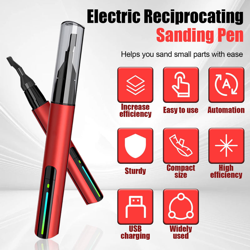 Electric Reciprocating Sander Mini Pen Detail Sander Tool USB Quick Charging Sanding Pen Portable with 8pcs Sanding Head Self-Adhesive Sandpaper 3 Gears Adjustable for Grinding Polishing