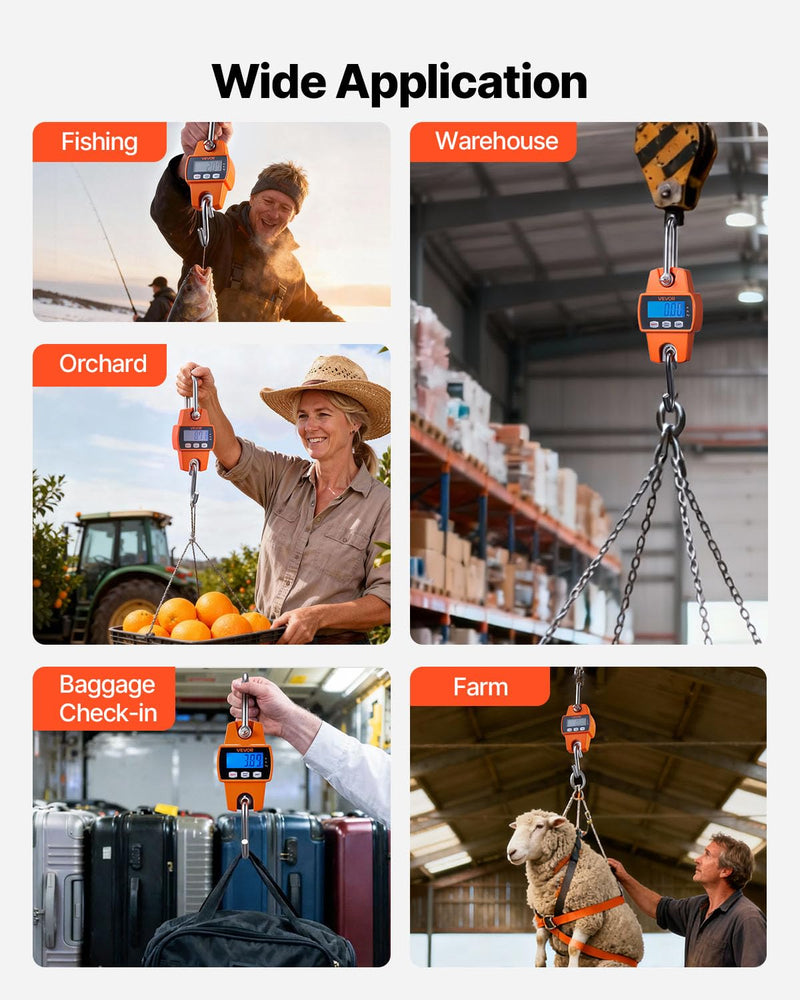 VEVOR Digital Crane Scale, 660 lbs/300 kg, Industrial Heavy Duty Hanging Scale with Cast Aluminum Case & LCD Screen, Handheld Mini Crane with Hooks for Farm, Hunting, Fishing, Outdoor, Garage (Orange) Orange