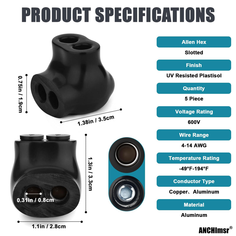 2-Port Insulated Multi-Tap Connector 4-14 AWG Aluminum-to-Copper Single-Side Entry Aluminum Wire Connectors 5/32" Slotted Allen Hex (5 Pack) 5PCS 2 port 4-14 AWG