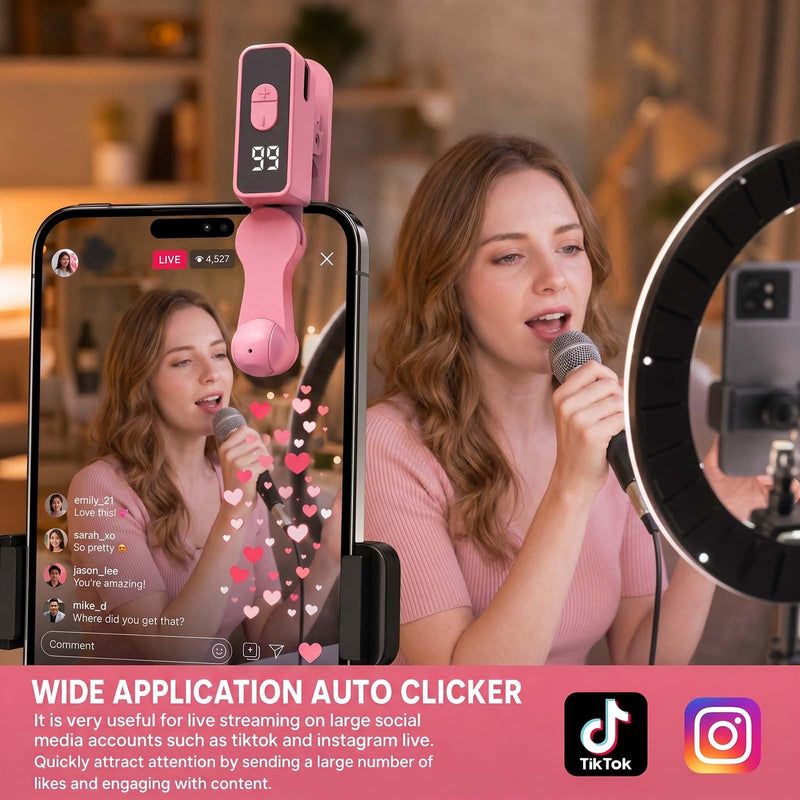 Auto Clicker Tapper for iPhone Tiktok Live iPad Android Smartphone, Rechargeable Cordless – 107 Adjustable Speed, Auto Screen Tapper for Live Stream Likes, Games, Repetitive Task, Purchases Black+Pink