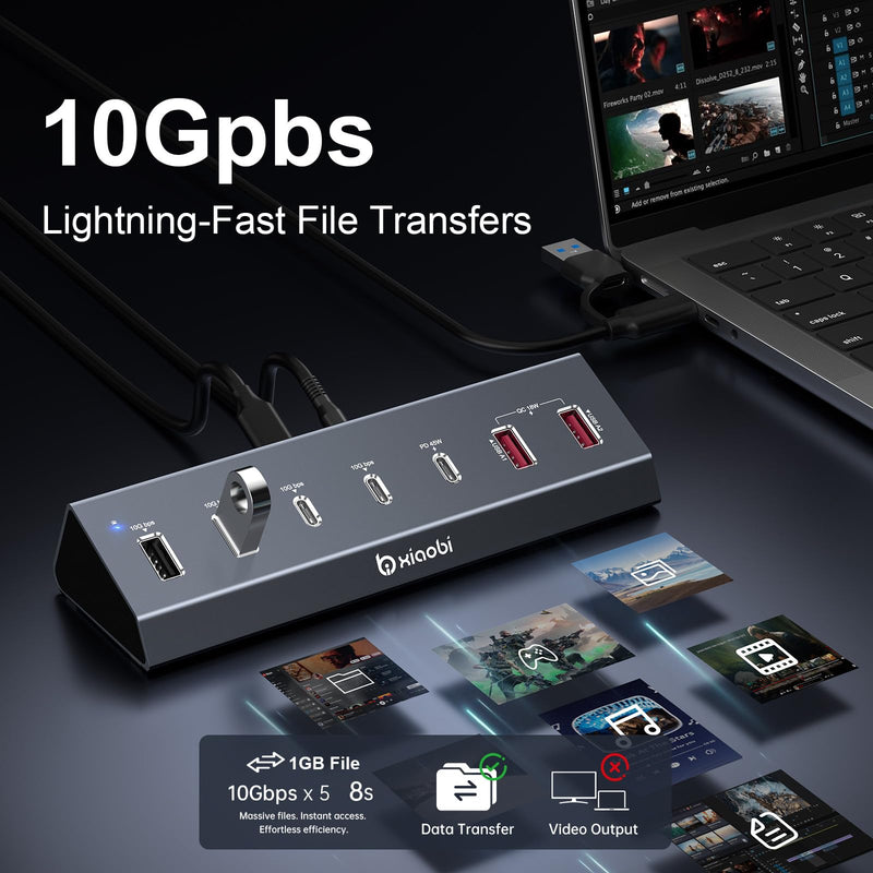 7 in 1 USB C Hub with 10Gbps Data Transfer, PD 45W & QC 18W Fast Charging | Ergonomic Tilt and Non-Slip Base, Powered USB Hub with 24V/3A Power Adapter for MacBook, PC and More(Gery) Gery 7 IN 1