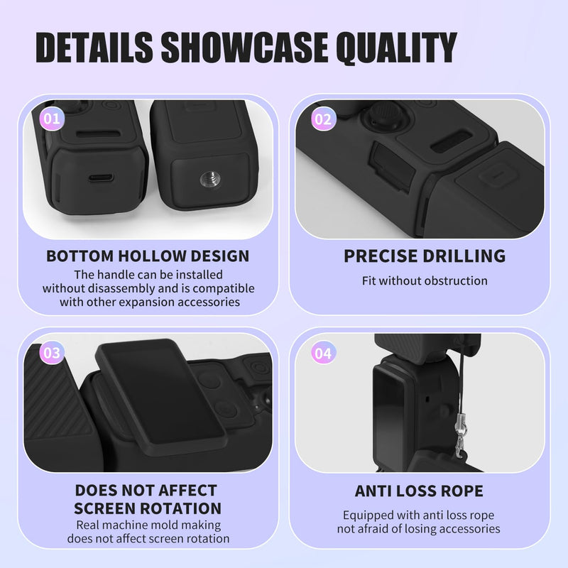 Soft Silicone Protective Case for DJI Osmo Pocket 4P Black | Separate coverage for the lens area, body, screen section, and 1/4-inch threaded handle; charging access stays open.
