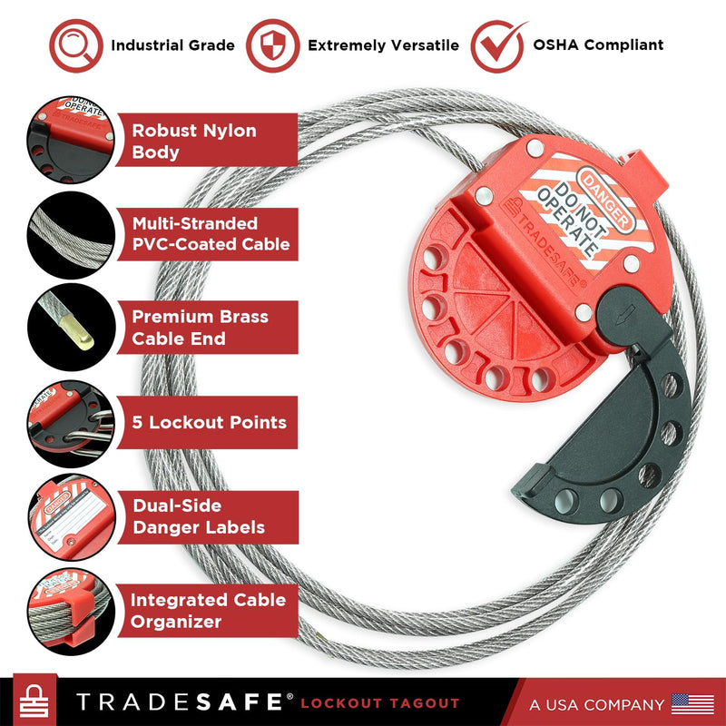 TRADESAFE Lockout Tagout Adjustable Cable Lock - 10 ft Steel Cable Lock | Uv-resistant Pvc-coated Steel Cable, Non-conductive Nylon Body, Secures With Up To 5 Loto Padlocks