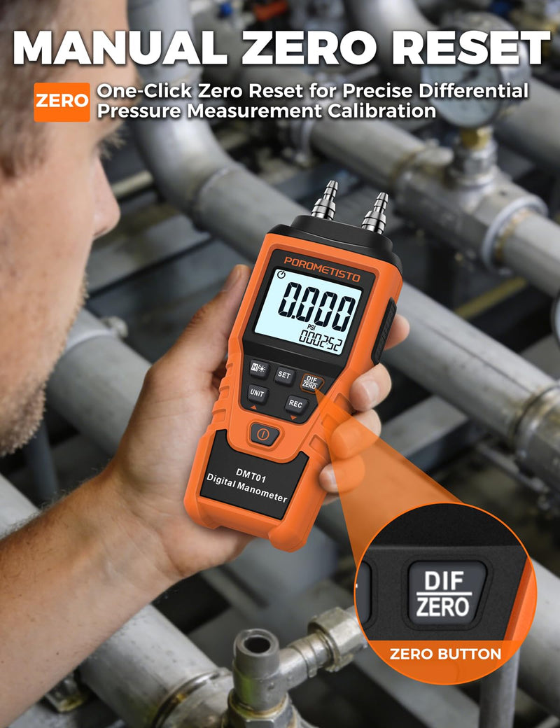 DMT01 Digital Manometer POROMETISTO, Manual Calibration Custom Zero, Real time Measurement, Max/Min/Avg Recording,HVAC Manometer, 12 Units Gas Pressure Tester, Differential Pressure Gauge