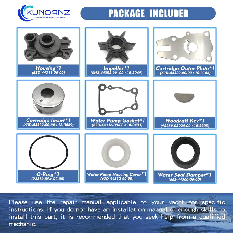 63D-W0078-01,63D-W0078-00-00 Outboard Water Pump Impeller Repair Kit For Yamaha 40 50 60 HP 2/4-Stroke Outboard Sierra 18-3415 18-3434 40HP 50HP 60HP C40 F50 F60 1995-2020 40 50 60(Housing)
