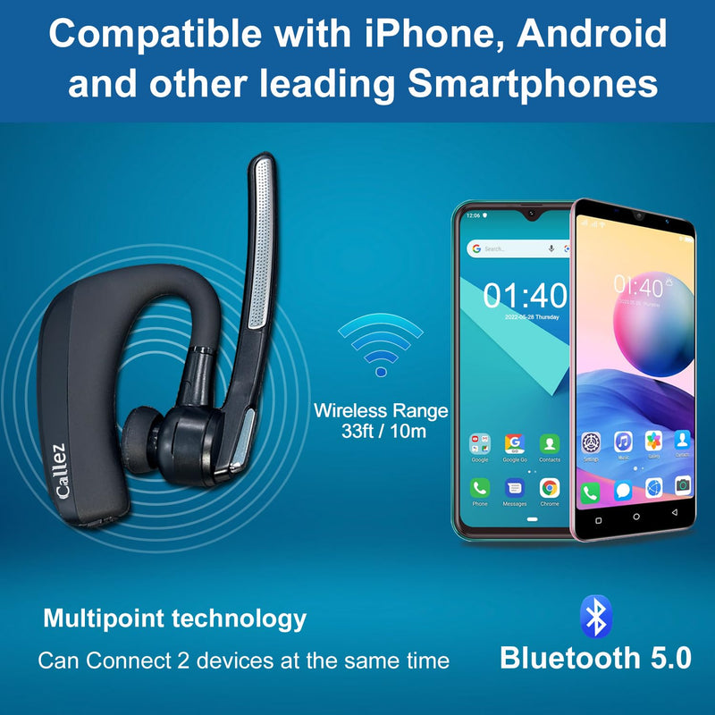 Callez Bluetooth Headset for iPhone Android Cell Phone Trucker Office Work | Bluetooth Earpiece V5.0 with CVC8.0 Dual Mic Noise Cancelling, Mute/Volume Buttons, Hands-Free Wireless Headset for Business Black
