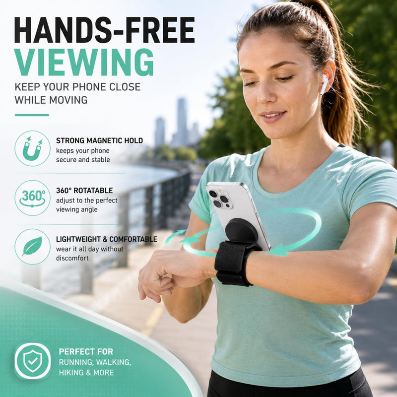 Wristband Phone Holder,Wrist Phone Holder,Phone Wrist Holder,Phone Arm Bands For Running,Running Phone Holder,No Screen Blocking, 360° Rotating Wrist Phone Mount Fits 4–6.7" Phones(Magnetic Wristband)