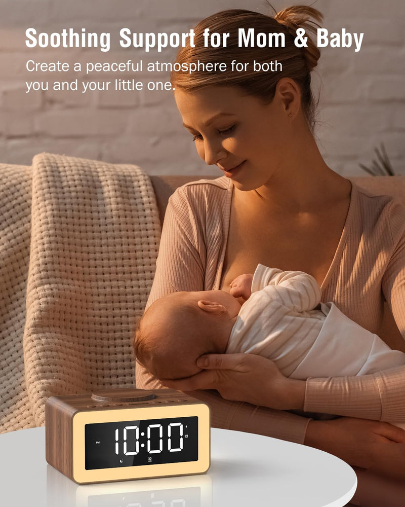 Alarm Clock with Wireless Charging, Bluetooth Speaker, White/Brown Noise Sound Machine Night Light, Wooden Digital Alarm Clocks for Bedrooms, Wireless Charger for iPhone, Birthday Gifts for Men Women