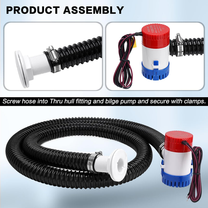 1100GPH 12V Boat Bilge Water Pump, 1-1/8" 6FT Kink-Resistant Bilge Pump Hose, ABS Thru-Hull Fitting, 2PCS Stainless Steel Clamps for Boat Marine Bilge Pump Kit