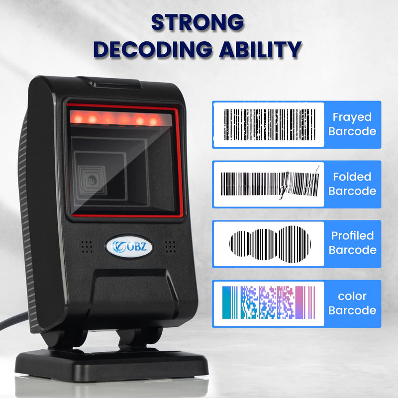 OBZ 1D 2D Desktop Barcode Scanner, QR Barcode Reader USB Handsfree Wired Scanner with Adjustable Scan Head, Automatic Barcode Reader for Android Windows Computer POS Stores Payment 2D QR Code Scanner