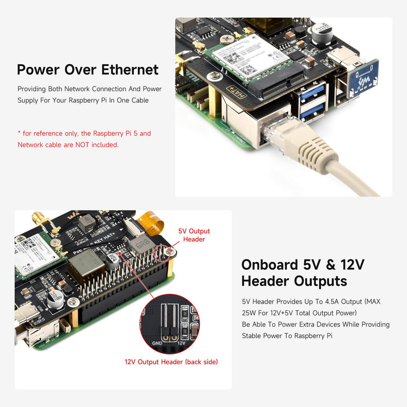 waveshare PCIe to M.2 E Key Adapter with PoE Function, Compatible with Raspberry Pi 5, Support NGFF (M.2 E Key) Wireless NIC, Raspberry Pi 5 PCIe HAT