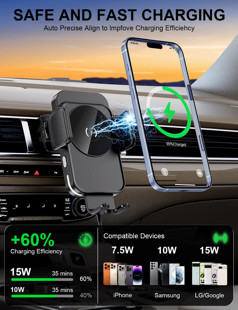 Wireless Car Charger, 15W Car Phone Holder Charger for iPhone 17 16 Series | Auto Clamping & Alignment, 360° Rotation Hand Free Phone Holders for Your Car Dashboard Windshield Air Vent Car Accessories Black