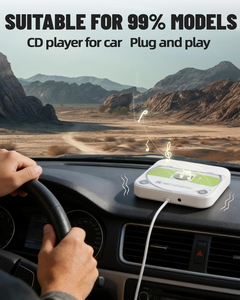 Portable CD Player for Car, Plug and Play with USB/AUX Port | External CD Player Compatible with Car Stereo, Laptop, TV, Computer and Android 4.4 and Above Navigation(White)