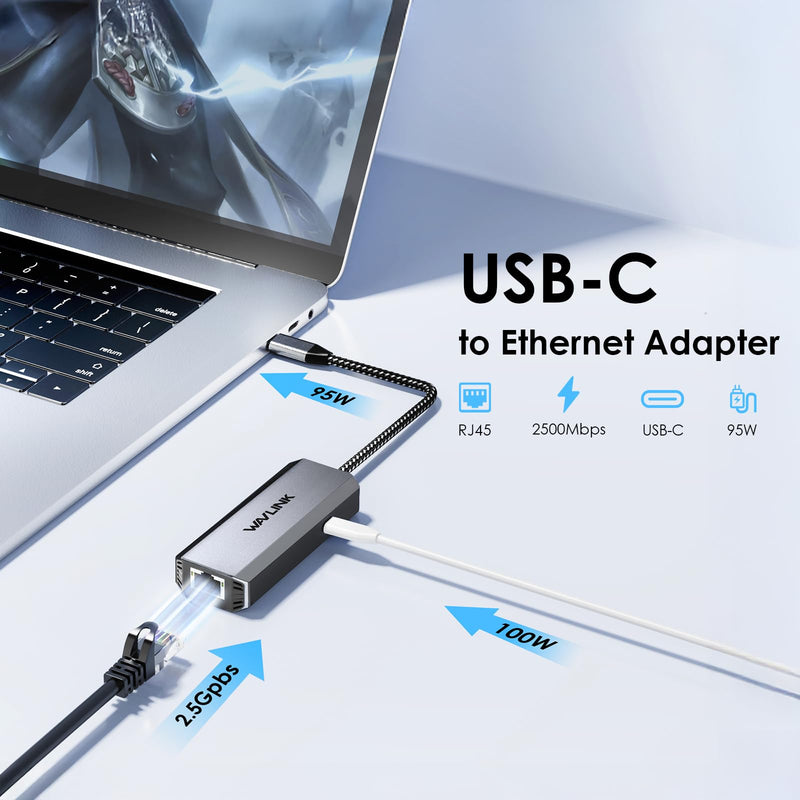WAVLINK USB C to Ethernet Adapter 2.5 Gbps, USB to 2.5G Ethernet Adapter with 95W Power for Laptop, USB-C to RJ45 Network Converter (Thunderbolt 4/3 Compatible) for Windows, Mac OS, iPad OS and More 2.5G Ethernet Adapter PD