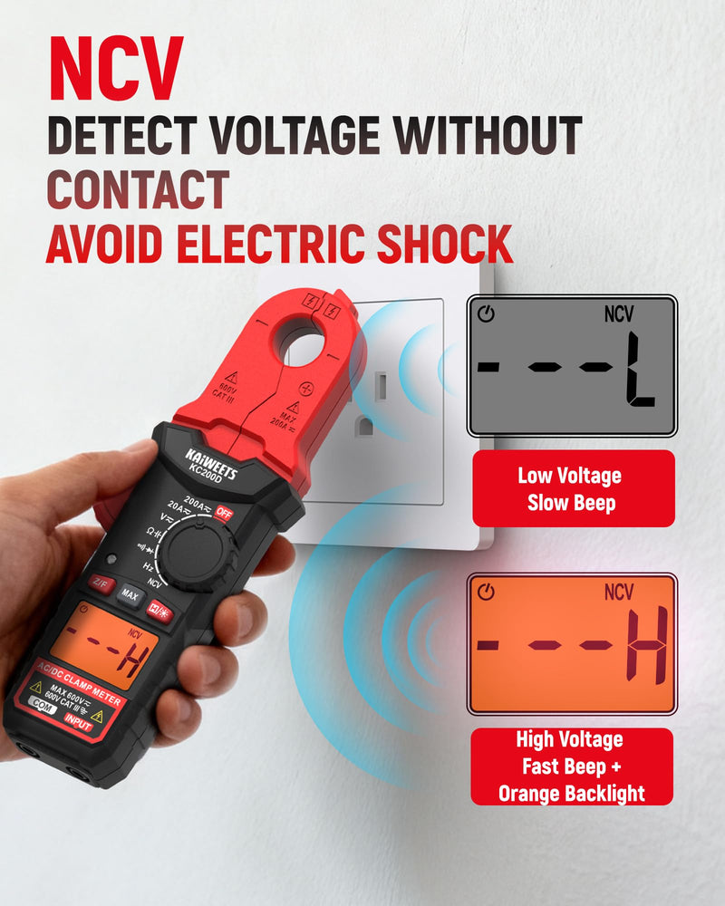 KAIWEETS Digital Clamp Meter with Round Jaw, Automotive Multimeter, NCV, 2000 Counts, Amp Voltmeter, Accuratly Measure AC/DC Current & Volatge, Resistance, Diode, Capacitance, Continuity, Frequency Red