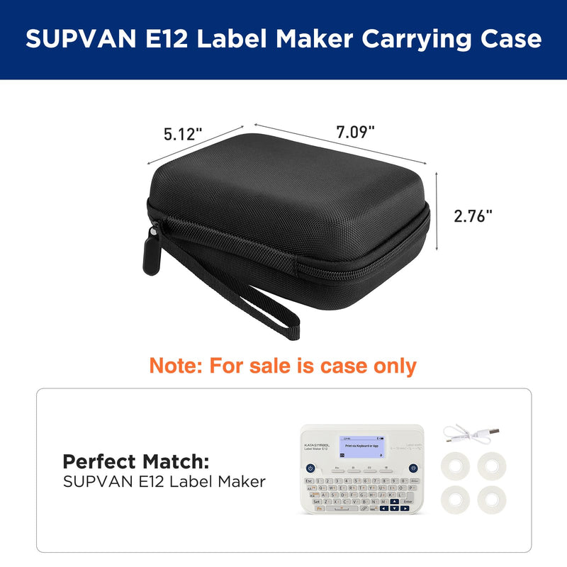 SUPVAN E12 Label Maker Genuine Portable Storage Case, Black | Waterproof, Shockproof & Scratch Resistant, for E12 Label Maker & Tapes, Elastic Band & Mesh Pocket for Organized Storage