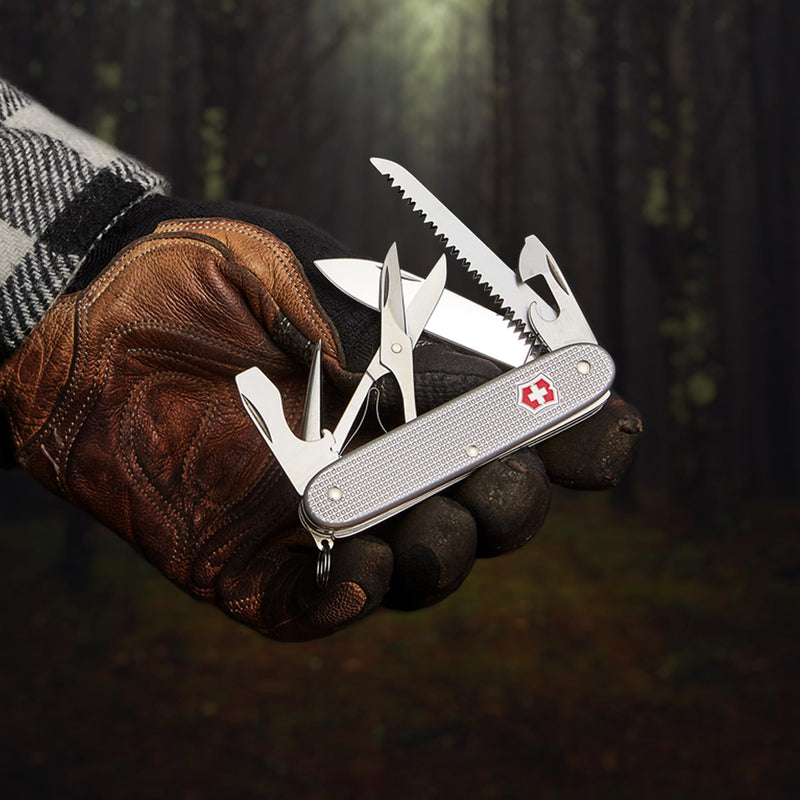 Victorinox Farmer X Alox Swiss Army Knife - 10 Function Pocket Tool, Silver | Swiss Made Stainless Steel Multi-Tool with Wood Saw, Scissors, Large Blade, Reamer, Bottle Opener and Durable Alox Scales 10 Functions