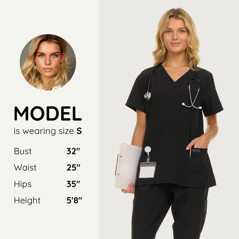 Nautica Womens Scrubs Tops, 3 Pack V-Neck Breathable Scrub Tops Women, 3 Pocket Stretch Fabric Scrubs for Women 3 Pack Blk/Blk/Blk Medium