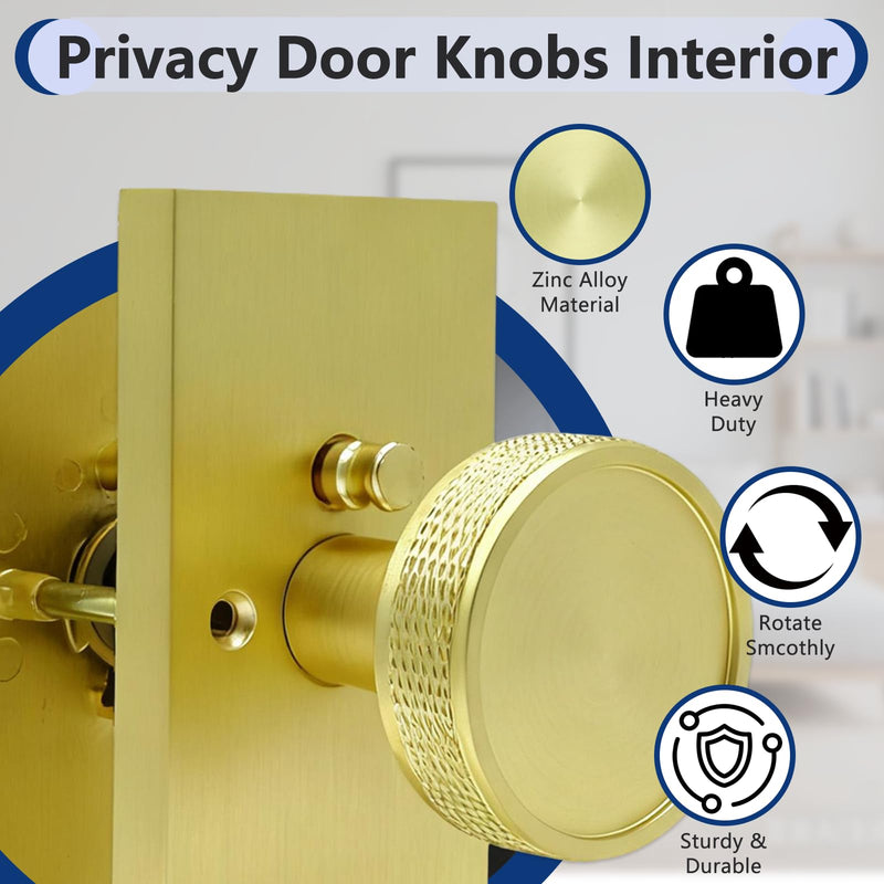 Satin Gold Door Knob for Bedroom and Bathroom Indoor Door Knobs with Lock | Solid Zinc Alloy Knurled Door Knob, Heavy Duty Door Handle with Large Backplate, Interior Modern Door Knobs Satin Gold 1