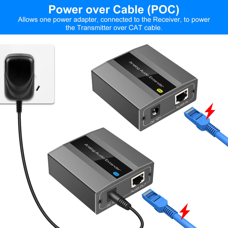 Analog Audio Extender RCA 3.5mm Stereo Over Ethernet Single Cat5e 6 7 Cable up to 1475ft Converter Adapter Support PCM Stereo POC Power on Cat RCA/3.5mm up to 1475FT