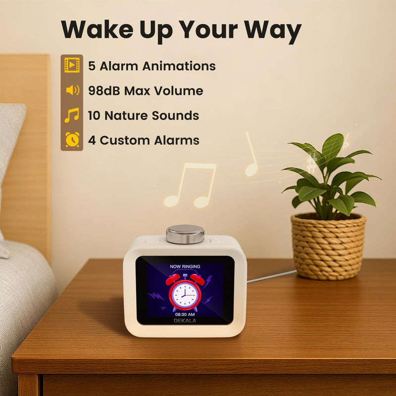 Dekala ChronoSense Alarm Clock Radio for Bedroom Temperature Humidity, 7-Day Programmable 4 Alarms, 100dB Loud Gradual Alarm for Heavy Sleeper, Visual Timer Clock Radio，White Noise Sound Machine Square