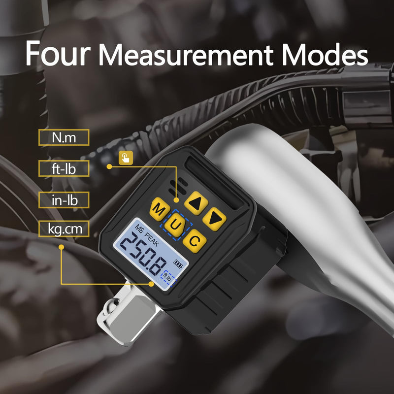 1/2” Drive Digital Torque Adapter, 12.54-250.8 Ft-lb/17-340 Nm Digital Torque Adapter Set with 3/8" and 1/4" Adapters, Buzzer & LED Flash Notification for Motorcycle Car Repair 1/2-Inch 12.54-250.8Ft.lb/17-340Nm