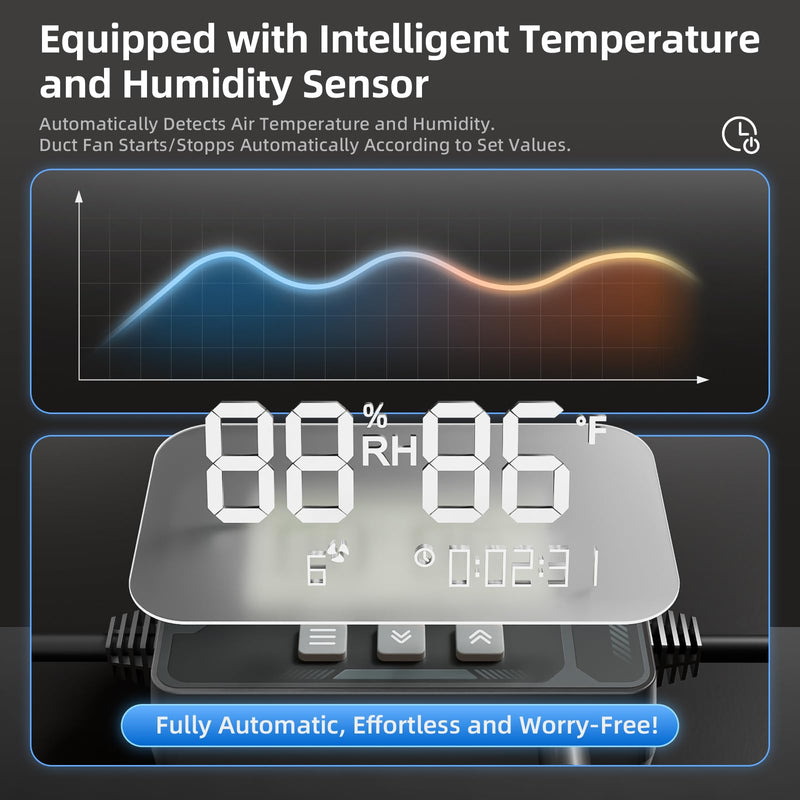 Upgraded 4-Inch Inline Duct household Fan 6 Speed Control with Temperature and Humidity Sensor and Timer Remote Low Noise for Grow Tent System, Bathrooms, Attics, Furnace Blower Fan Replacement 4 Inch Inline Duct Fan ZFP125A07