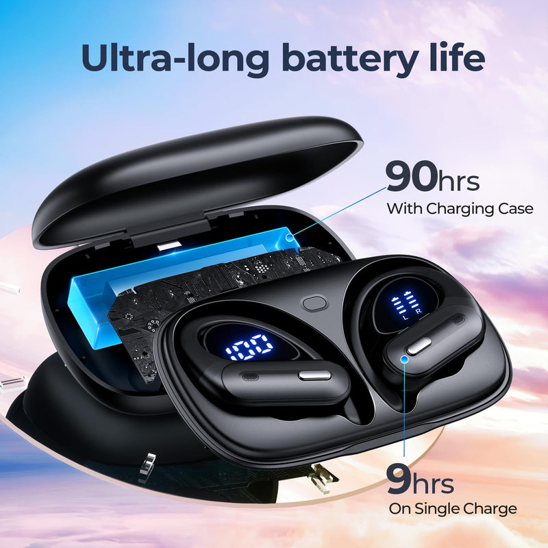 GNMN Wireless Earbuds Bluetooth Headphones 90 Hrs Playtime Ear Buds with Hi-Res Stereo Deep Bass Power Display Earphones with Earhooks Waterproof Transparency Headset Sports/Running