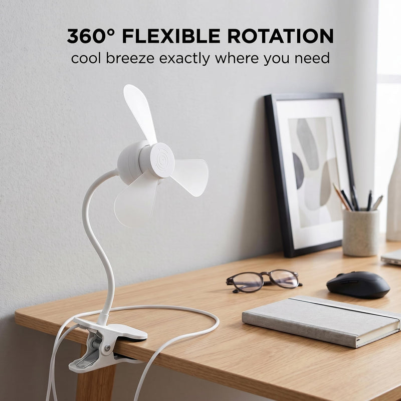 Clip-on USB Powered Fan and LED Lamp Combo, White, 360° Adjustable Flexible Gooseneck, 3000K, Quiet Operation, for Reading, Painting, and Sewing