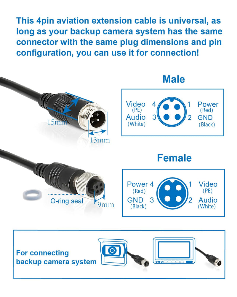 4 Pin Backup Camera Cable with Corrugated Tube Cover, 4 Pin Aviation Extension Cord, Weatherproof, Compatible with Rearview Camera Systems, Radar DVRs, CCTV Security Systems(33FT/10M) 33ft