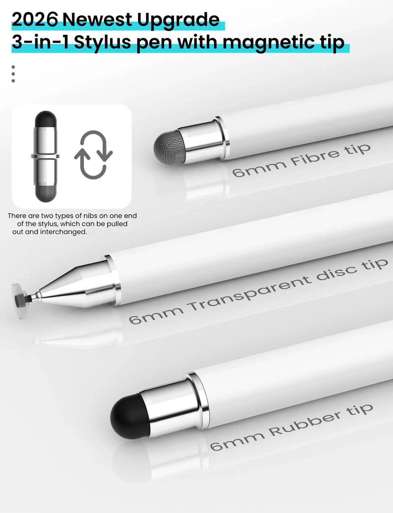 MEKO Stylus Pen for Touchscreen, 3-in-1 Universal Tablet Pen | Magnetic Design Replacement Tip, Fiber & Rubber & Disc Nibs, High Sensitivity for All Touch Screens Devices (White) White