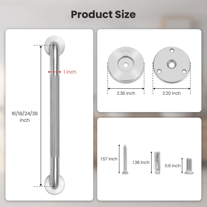 MrHAND 16 Inch Satin 304 SUS Stainless Steel Grab Bar, 2 Pack | Premium 1.0mm Extra-Thick Construction, Knurled Grip, Sturdy & Stable Handicap Support, 500 lbs Capacity, ADA Compliant