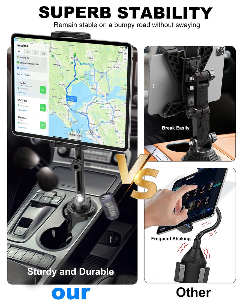 iPad Cup Holder Car Mount Heavy Duty [Height Adjust] Metal Long Arm Cup Holder Tablet Mount for Car, Truck, Compatible with 4.7-13" iPad Pro Air Mini, Galaxy Tab, iPhone, Cell Phone
