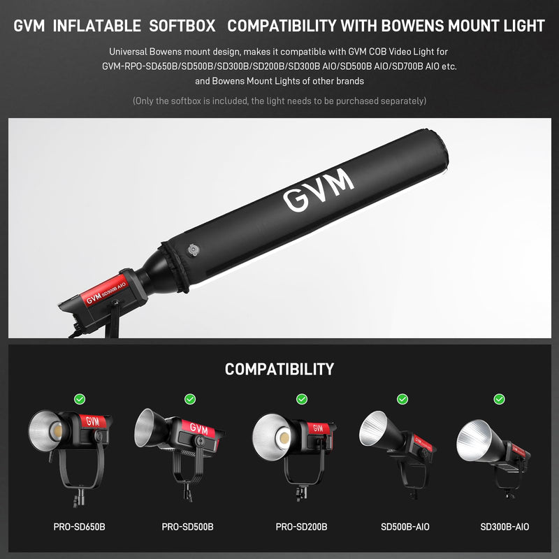 GVM 43.3" Inflatable Softbox, Foldable Air Tube Soft Box with Air Pump, Compatibility for GVM SD300C/500B/650B and Other Bowens Mount Light, Air Softbox for Studio Portraits, Video Recording 43.3in Air Tube