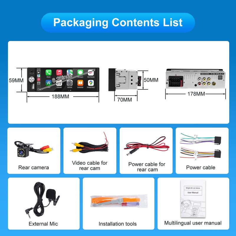 Single Din Radio Car Stereo with Apple CarPlay & Android Auto, 6.28 Inch HD Touch CarPlay Screen, Backup Cam,Bluetooth, MP5,USB Type-C, SWC, EQ, FM Radio (with External Mic)