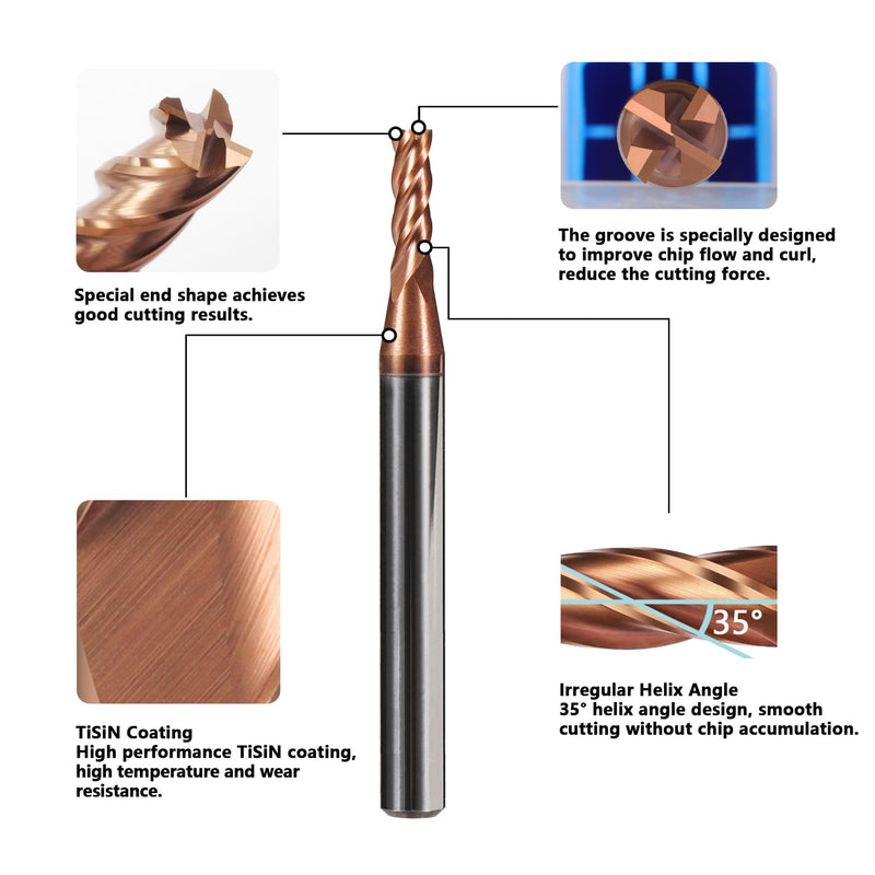 5PCS Micrograin Carbide Square End Mill Set with TISIN Coated - 1/16" 4 Flute CNC Milling Bits for Hardened Steel/Cast Iron/Alloy Steel - HRC55 1/16 in 5