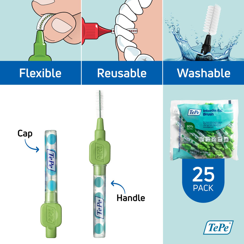 TePe Pack of 25 Interdental Brush Original, Soft Dental Brush for Teeth Cleaning, 5, Green 0.8 mm
