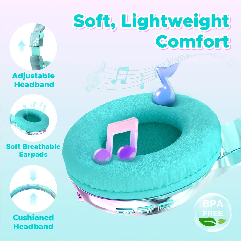 Owliwise Kids Bluetooth Headphones, 74/85dB Volume Limited, 65H Playtime, Built-in Mic, Fast Charging, Foldable Toddler Wireless Over-Ear with AUX Cord, for iPad/Tablet/Airplane,Boys Girls Cyan