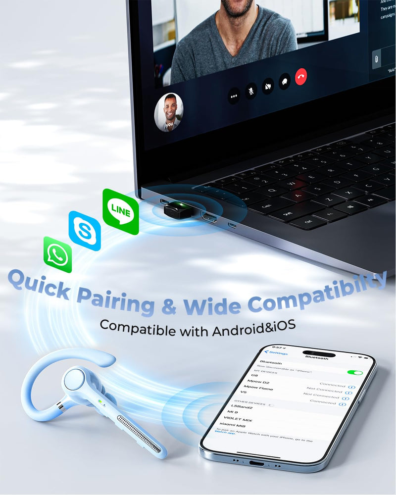 Ngsod Bluetooth Headset V5.4,USB Dongle Wireless Earpiece with Mic for Work | 500mAh Charging Case,50H Talk Time,Dual connect & Mute,ENC Noise Cancelling Lightest Headphones for Work Trucker,Light Blue Light Blue