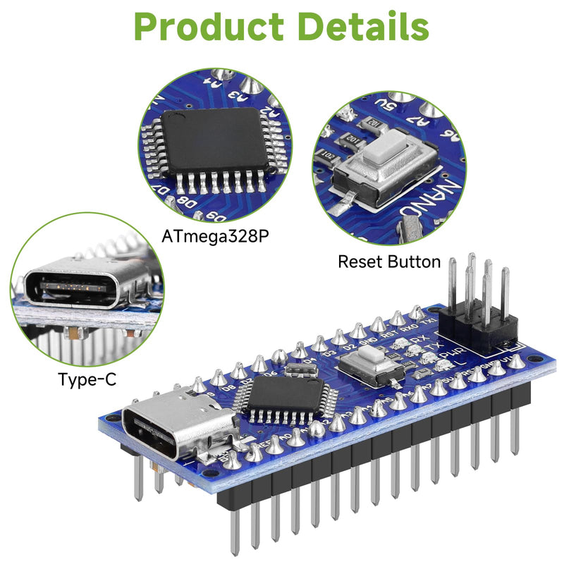 5pcs Nano V3.0 Board with Cable ATmega328P MCU CH340G Chip 5V 16M Microcontroller Compatible with Arduino Nano (Soldered, Type-C Port) 5pcs Type-C