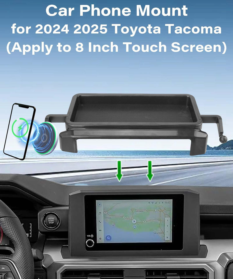Car Phone Holder for Toyota Tacoma 2024 2025 Accessories Apply to 8 Inch Touch Screen 15W Fast Wireless Charger Screen Fixed Clip Cell Phone Mount with Dashboard Storage Tray fit for Toyota Tacoma 2024 2025 (8 Inch Screen)