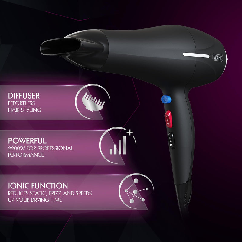  [AUSTRALIA] - Wahl Ionic Smooth Hairdryer,Cool Shot Button, 3 Heat and 2 Speed Settings, Quick Dry Airflow, Fast Drying, Reduce Static, Black