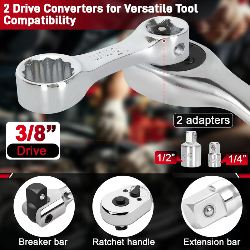 12PCS Metric Torque Adapter Set, 10–19mm Torque Wrench Extension Adapter, 3/8" Drive, 12 Point Box End Torque Wrench Adapter Set, Chromium Vanadium Steel with 1/2" & 1/4" Adapters Metric 10–19mm