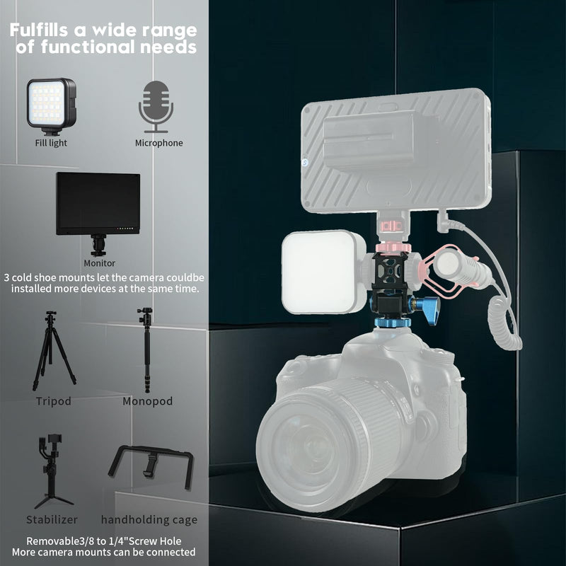 FIFIELD 3 Port Cold Shoe Mount with 1/4"-20 Thread for Camera Cage Flash LED Monitor Microphone