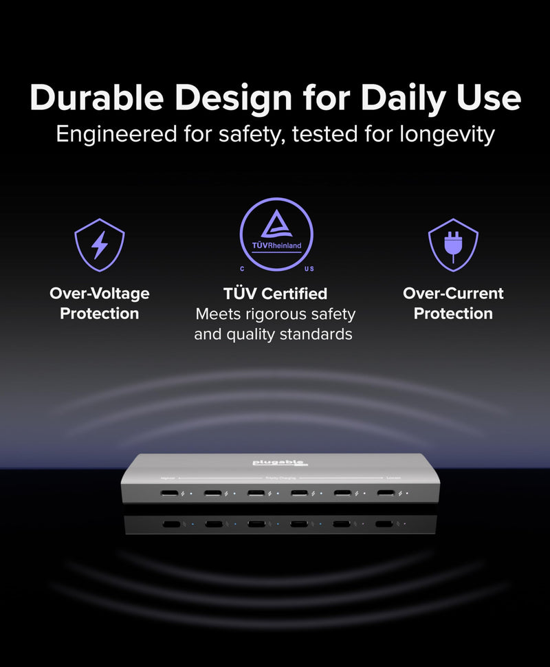 Plugable 6 Port USB C Charging Station, Up to 100W Charger for Multiple Devices with Priority Charging, Desktop Power Hub for USBC Devices Including Laptops Phones Tablets Earbuds and More (PS-6CC)