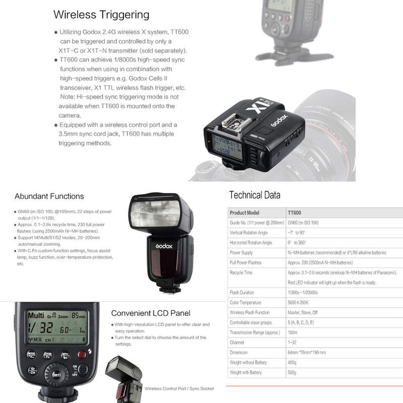 Godox TT600 Speedlite Flash with Built-in 2.4G Wireless System | Manual Flash with Standard Hotshoe, Compatible with Canon Nikon Pentax Olympus Cameras for Versatile Wireless Lighting